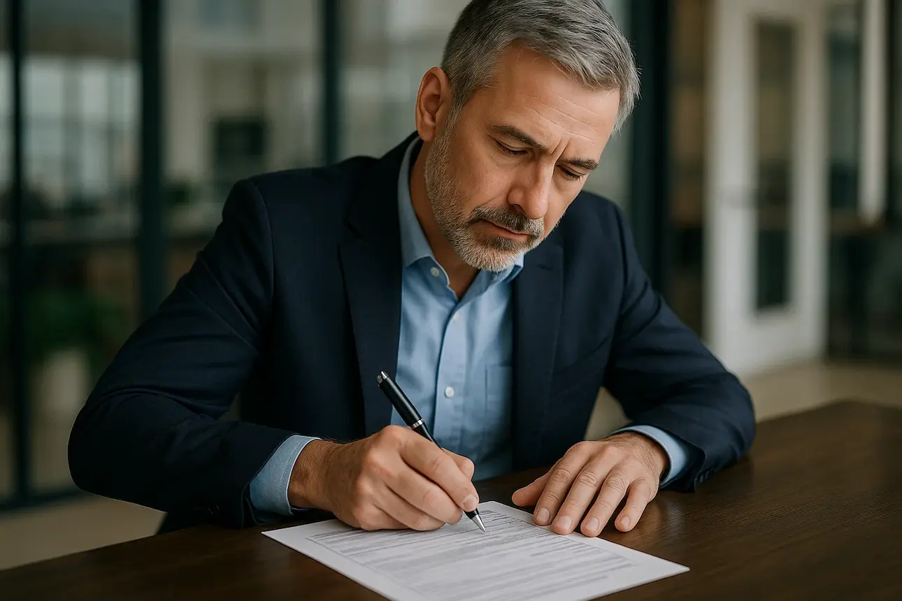 A professional photo of a middle-aged man with gray hair filling out a form. The setting should look clean and business-like, with good lighting and a focused, realistic atmosphere.