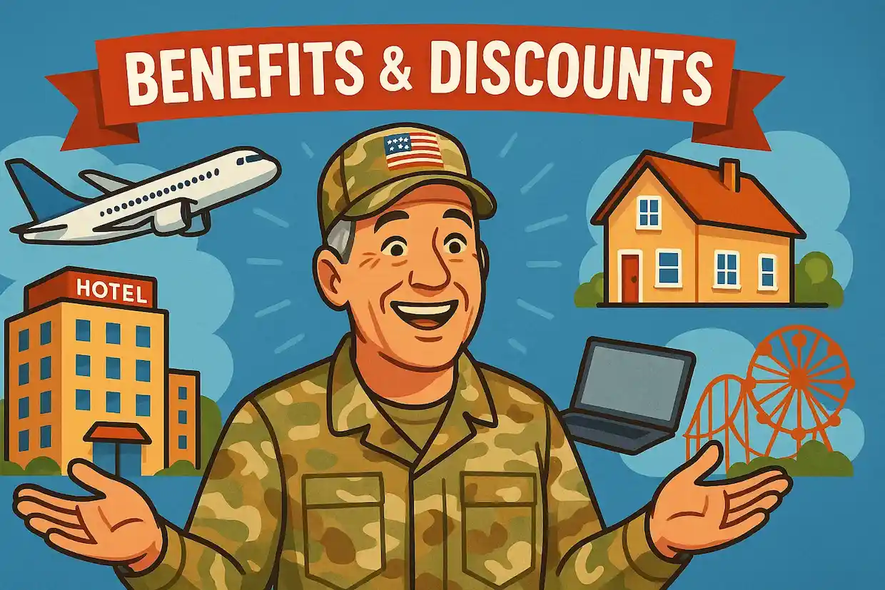 Create an image of a happy middle-aged military veteran surrounded by symbols of the benefits and discounts he receives. He should be smiling and appear content. Around him, include images representing a hotel, an airplane, a house, a laptop, and a theme park. The scene should be bright, positive, and professionally styled.